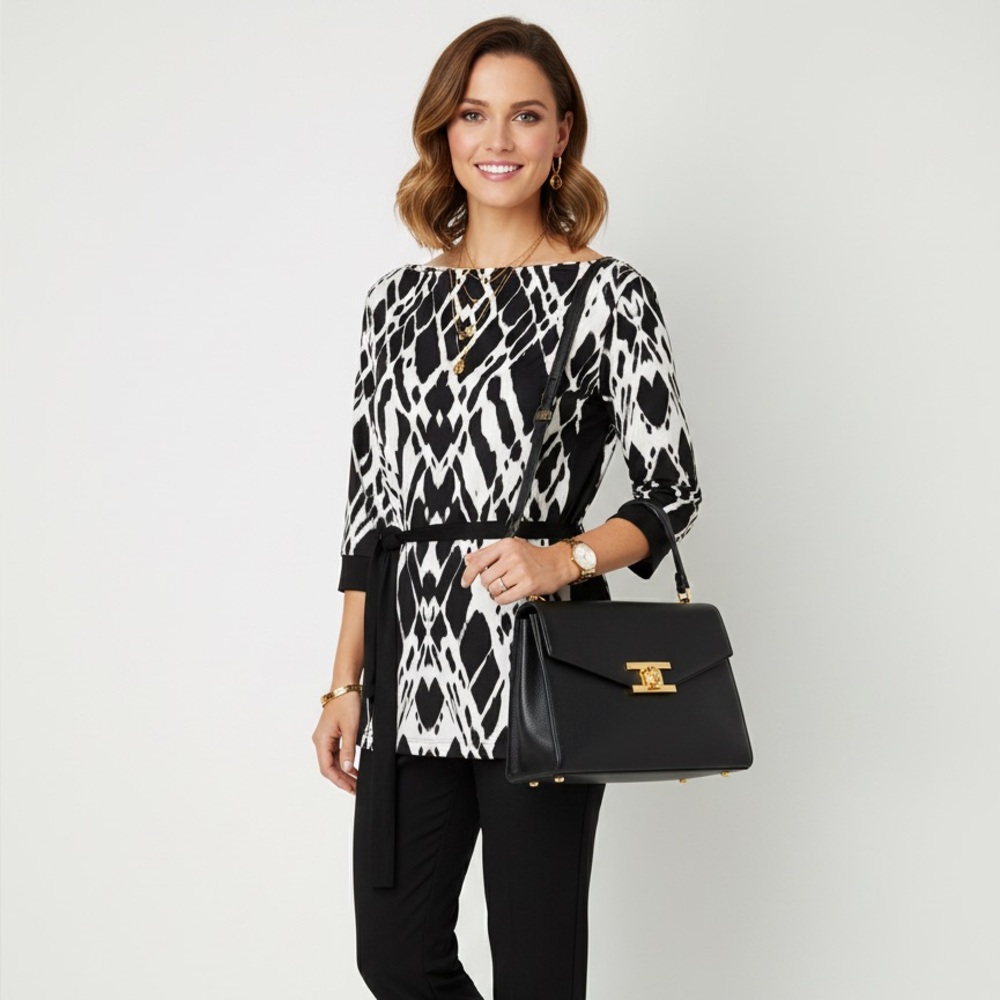 Liz Claiborne Petite Ikat Black White Belted Tunic PL Stretch Geometric Blouse - Picture 3 of 10